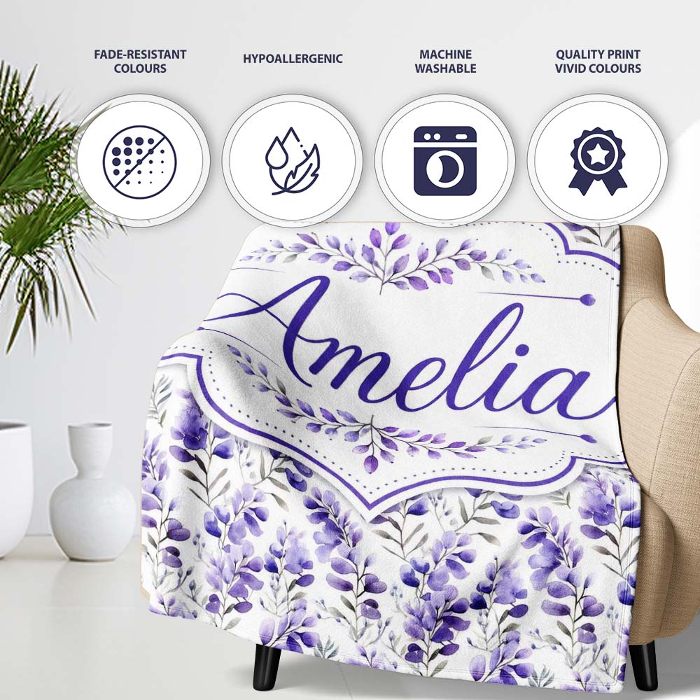 Delicate Watercolor Purple Floral Stems Soft Botanical Seamless Personalised Custom Name Super Soft Fleece Blanket Bed Sofa Throw