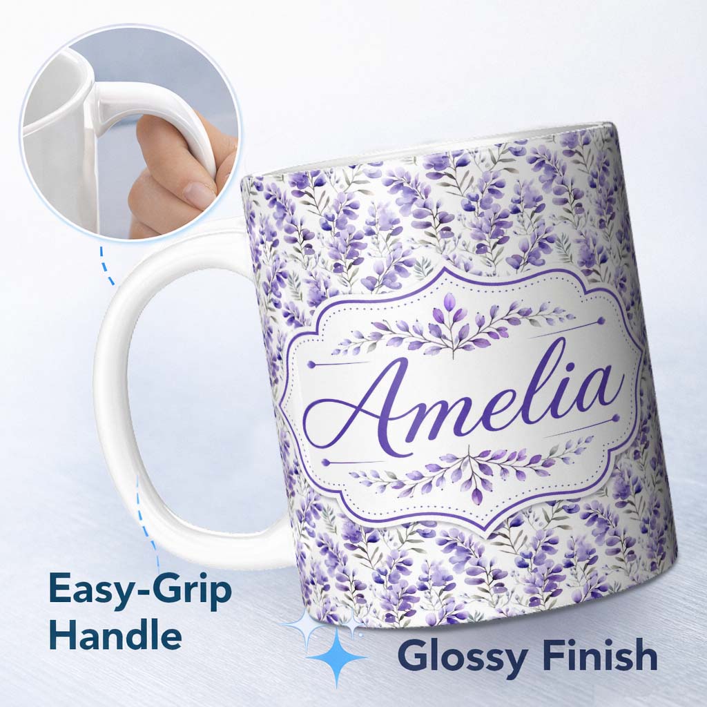 Personalized Custom Name Delicate Watercolor Purple Floral Stems Soft Botanical Seamless 11oz Ceramic Coffee Tea Mug White Large Handle