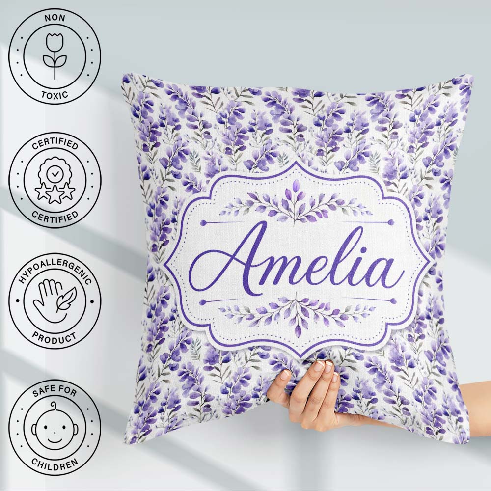 Custom Name Delicate Purple Floral Stems Soft Botanical Seamless Square Filled Cushion Throw Pillow Sofa Bed Home Decor Zip Washable UK Made
