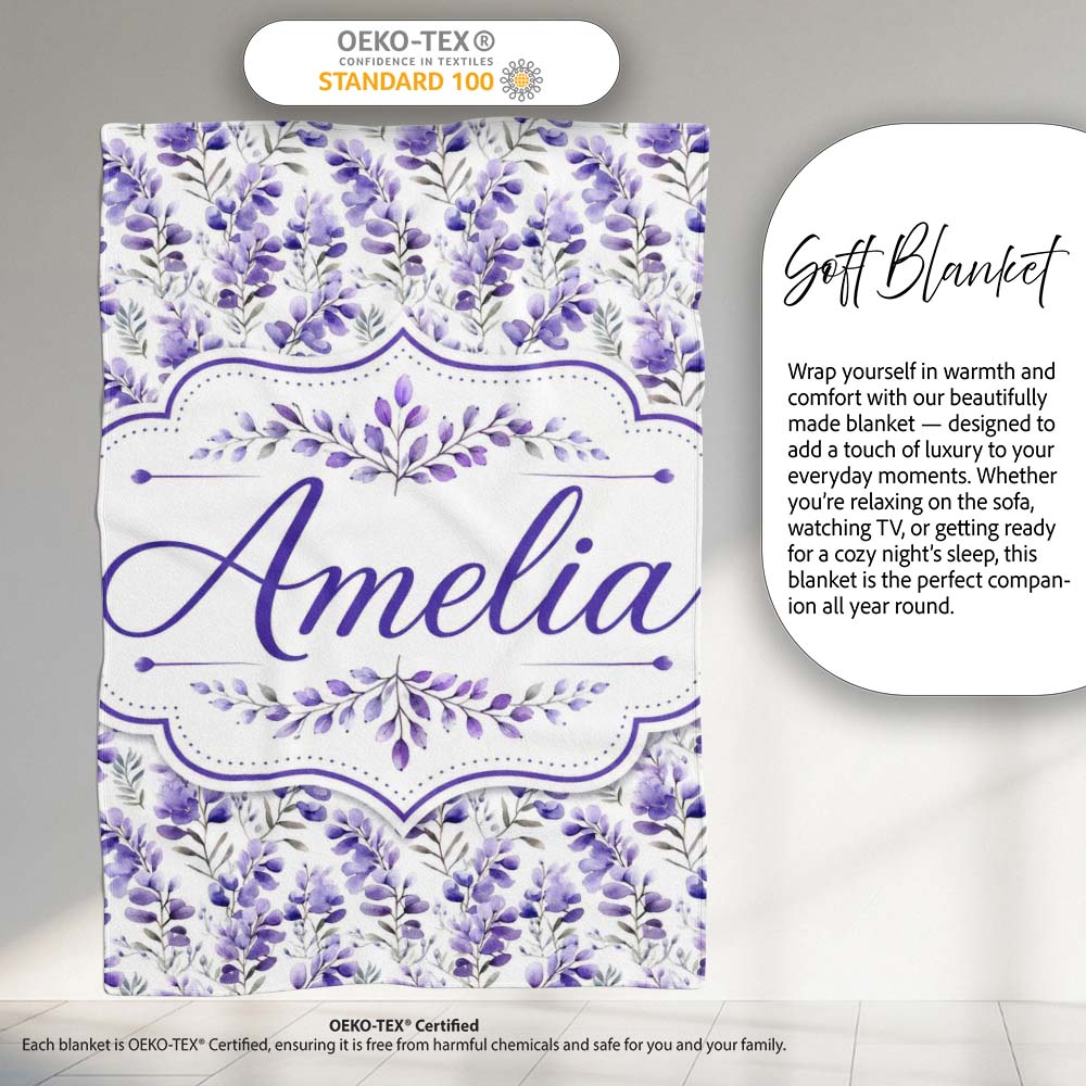 Delicate Watercolor Purple Floral Stems Soft Botanical Seamless Personalised Custom Name Super Soft Fleece Blanket Bed Sofa Throw