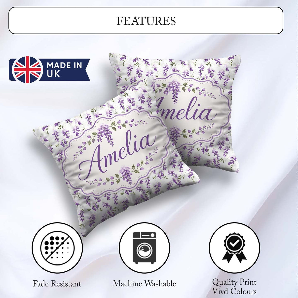 Custom Name Subtle Lavender Blossoms on Pale Background Seamless Square Filled Cushion Throw Pillow Sofa Bed Home Decor Zip Washable UK Made