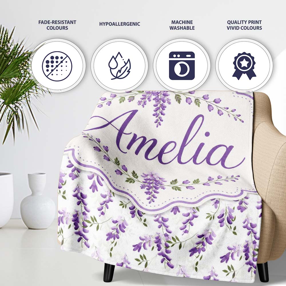 Subtle Lavender Hanging Blossoms on Pale Background Seamless Personalised Custom Name Super Soft Fleece Blanket Bed Sofa Throw