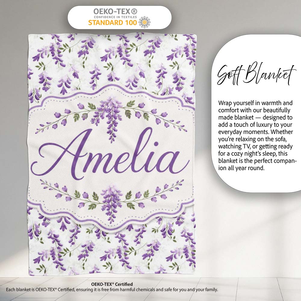 Subtle Lavender Hanging Blossoms on Pale Background Seamless Personalised Custom Name Super Soft Fleece Blanket Bed Sofa Throw