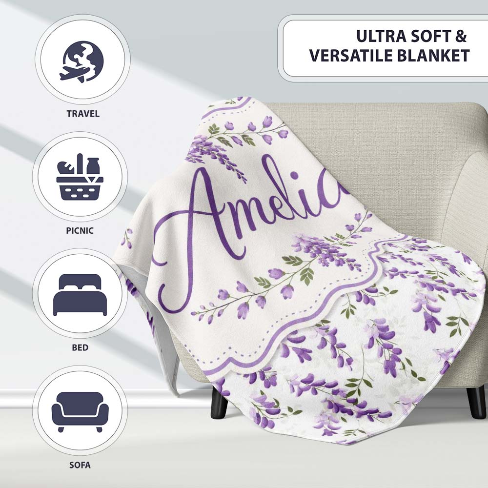 Subtle Lavender Hanging Blossoms on Pale Background Seamless Personalised Custom Name Super Soft Fleece Blanket Bed Sofa Throw