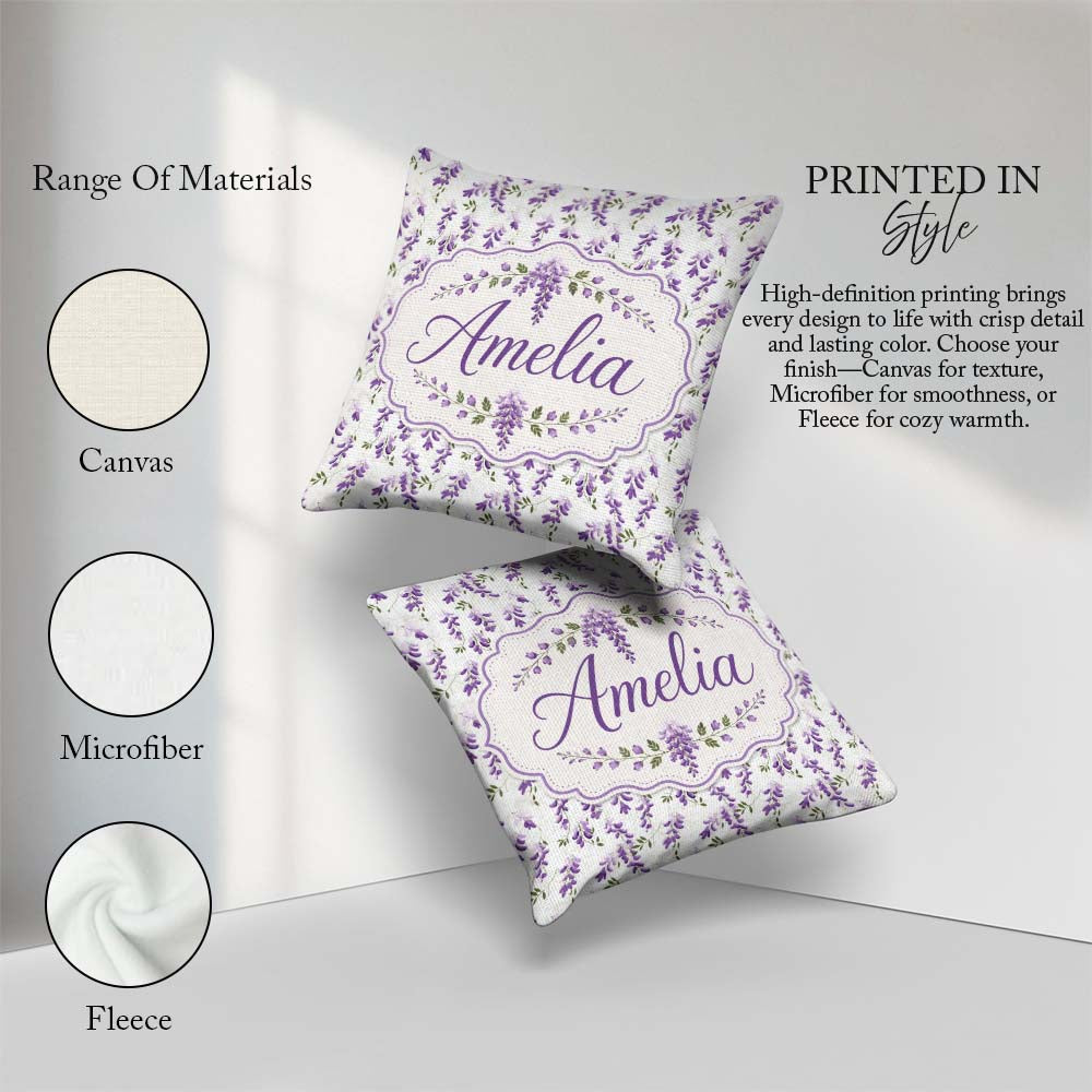 Custom Name Subtle Lavender Blossoms on Pale Background Seamless Square Filled Cushion Throw Pillow Sofa Bed Home Decor Zip Washable UK Made
