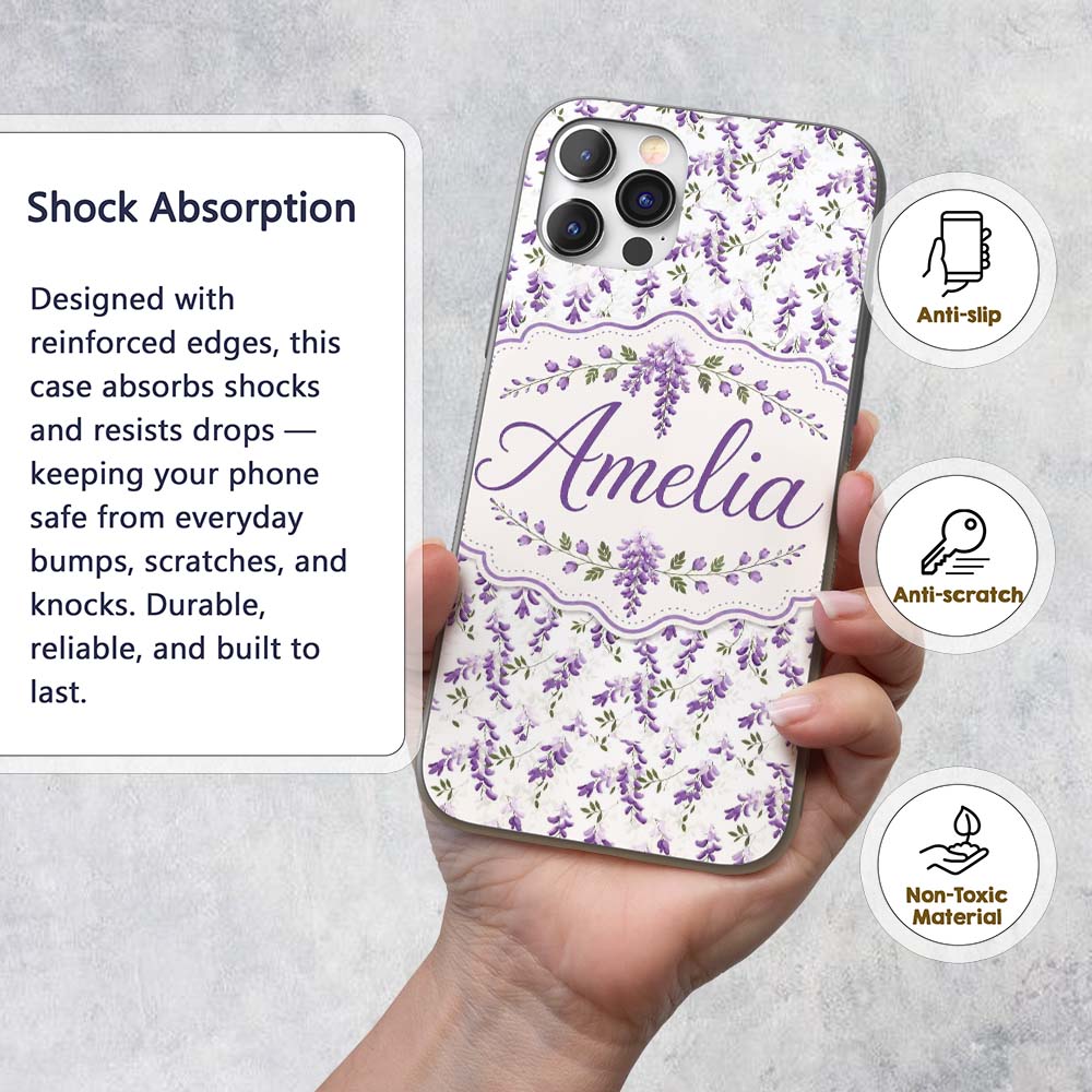 Subtle Lavender Hanging Blossoms Printed Design Custom Name Protective Phone Case Mobile Cover Durable Everyday Smartphone Shock Resistant