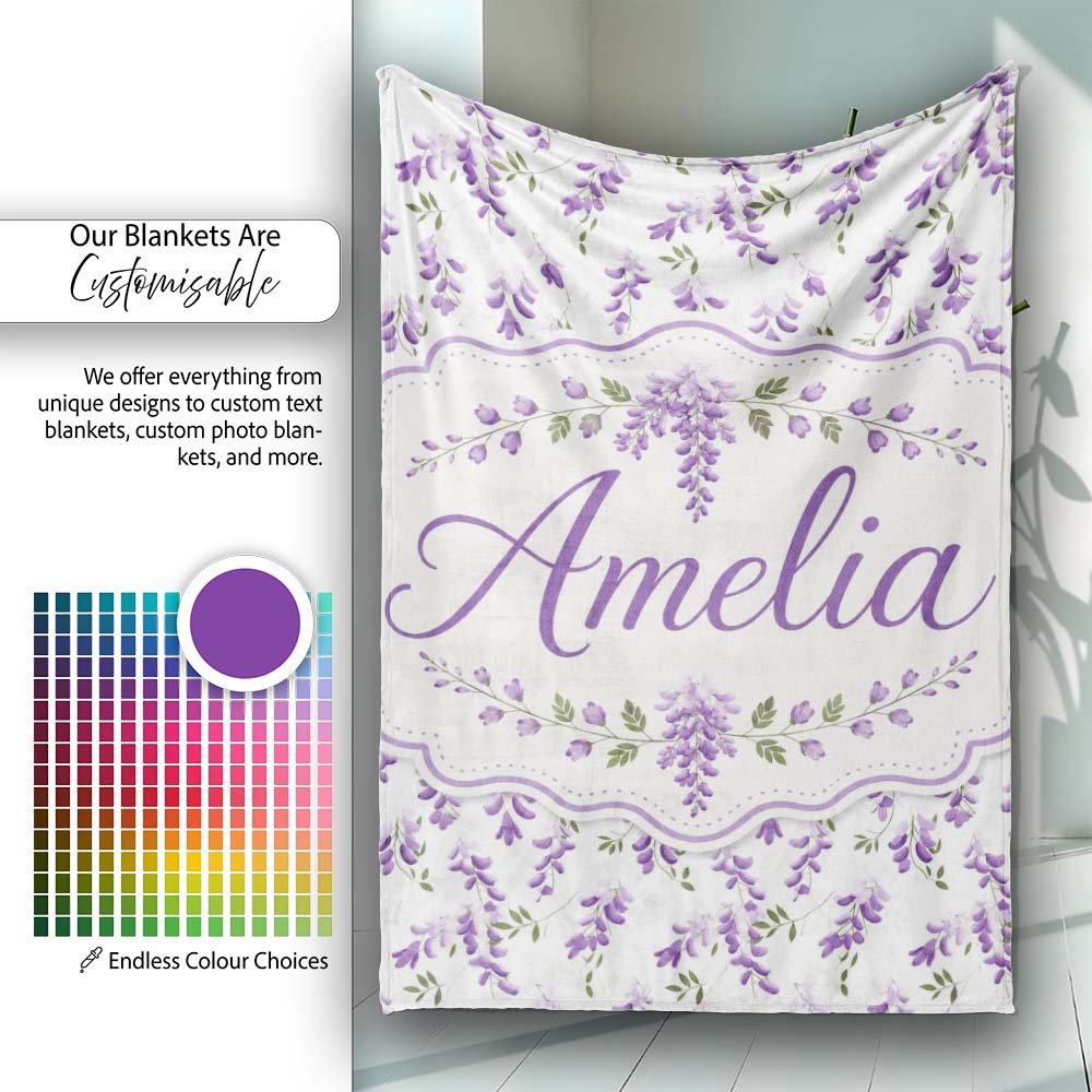 Subtle Lavender Hanging Blossoms on Pale Background Seamless Personalised Custom Name Super Soft Fleece Blanket Bed Sofa Throw