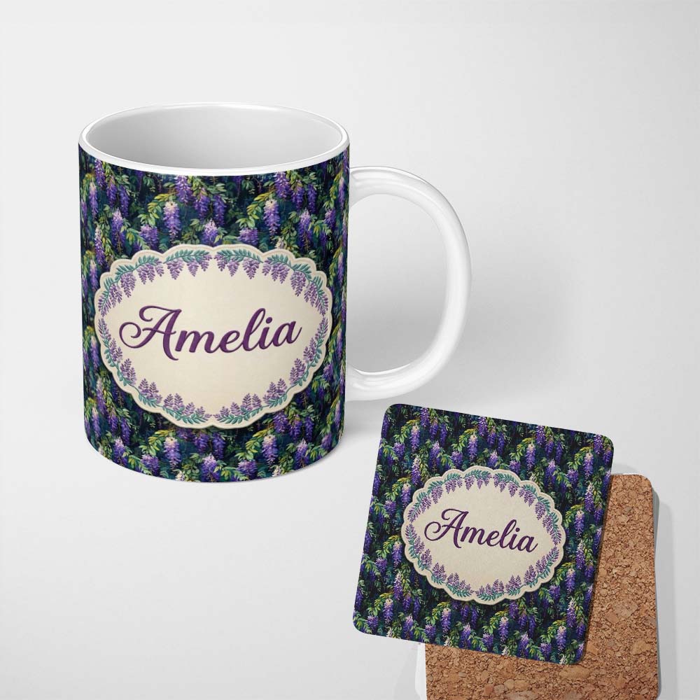 Personalized Custom Name Dark Botanical Wisteria with Green Leaves Rich Seamless Pattern 11oz Ceramic Coffee Tea Mug White Large Handle