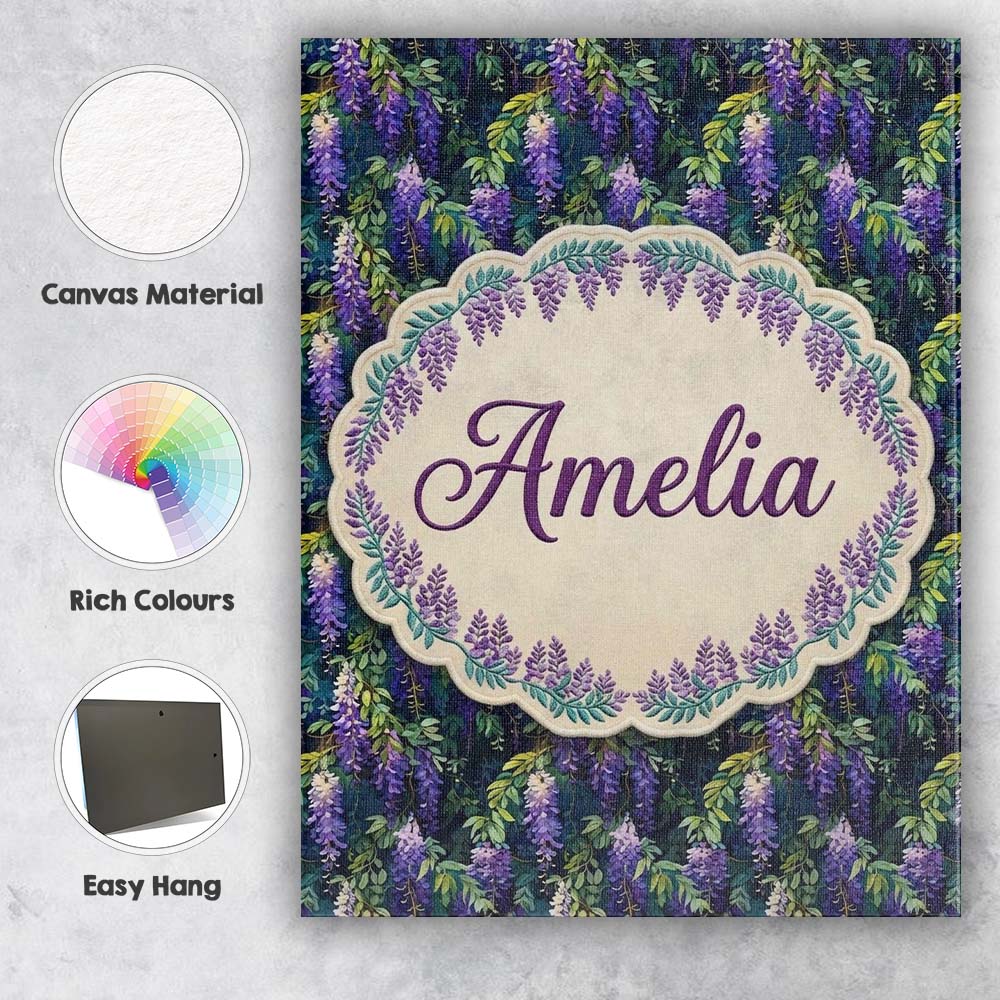 Personalised Name Dark Botanical Wisteria Custom Unique Gift Idea Elegant Feature Canvas Wall Art Print Decor Picture Ready to Hang