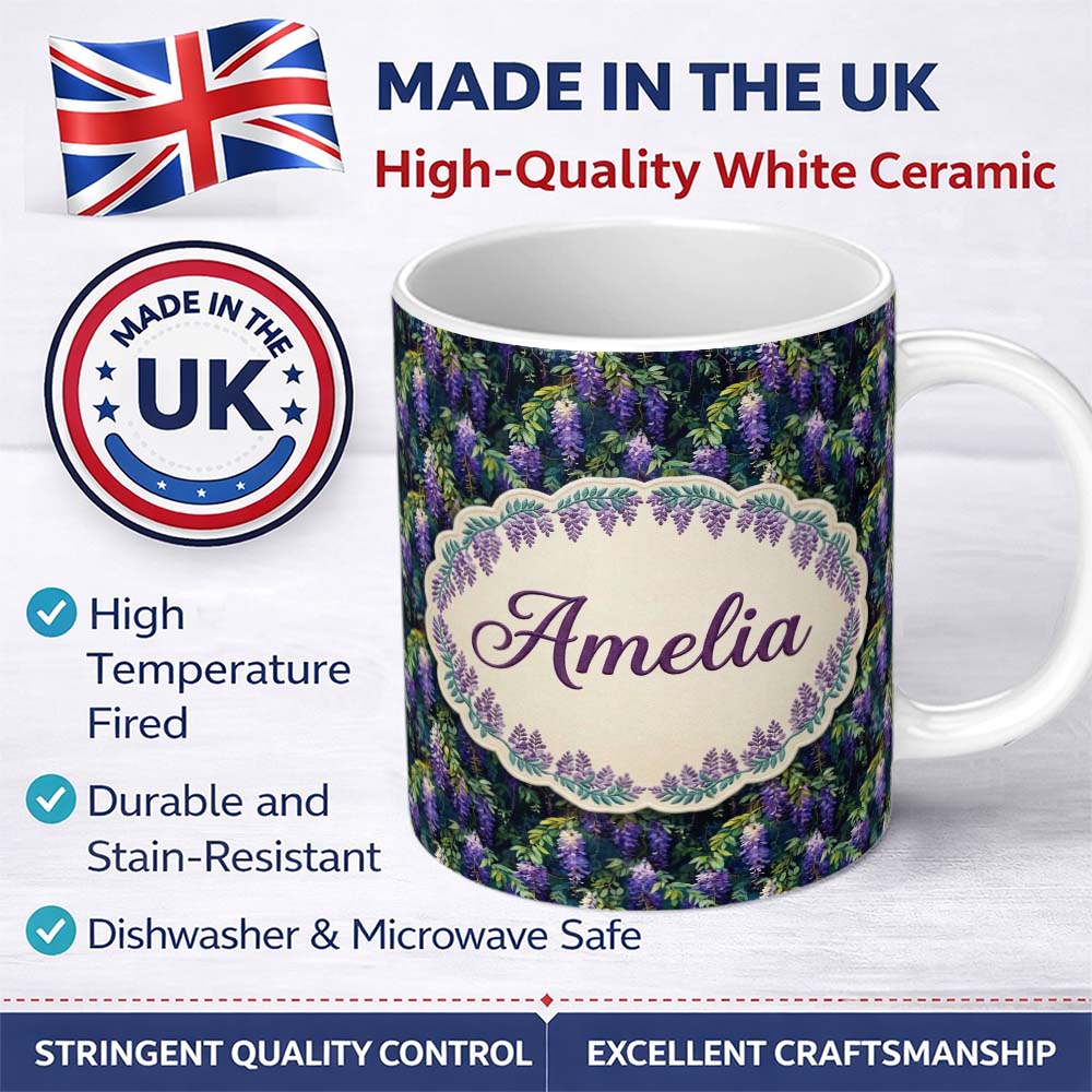 Personalized Custom Name Dark Botanical Wisteria with Green Leaves Rich Seamless Pattern 11oz Ceramic Coffee Tea Mug White Large Handle