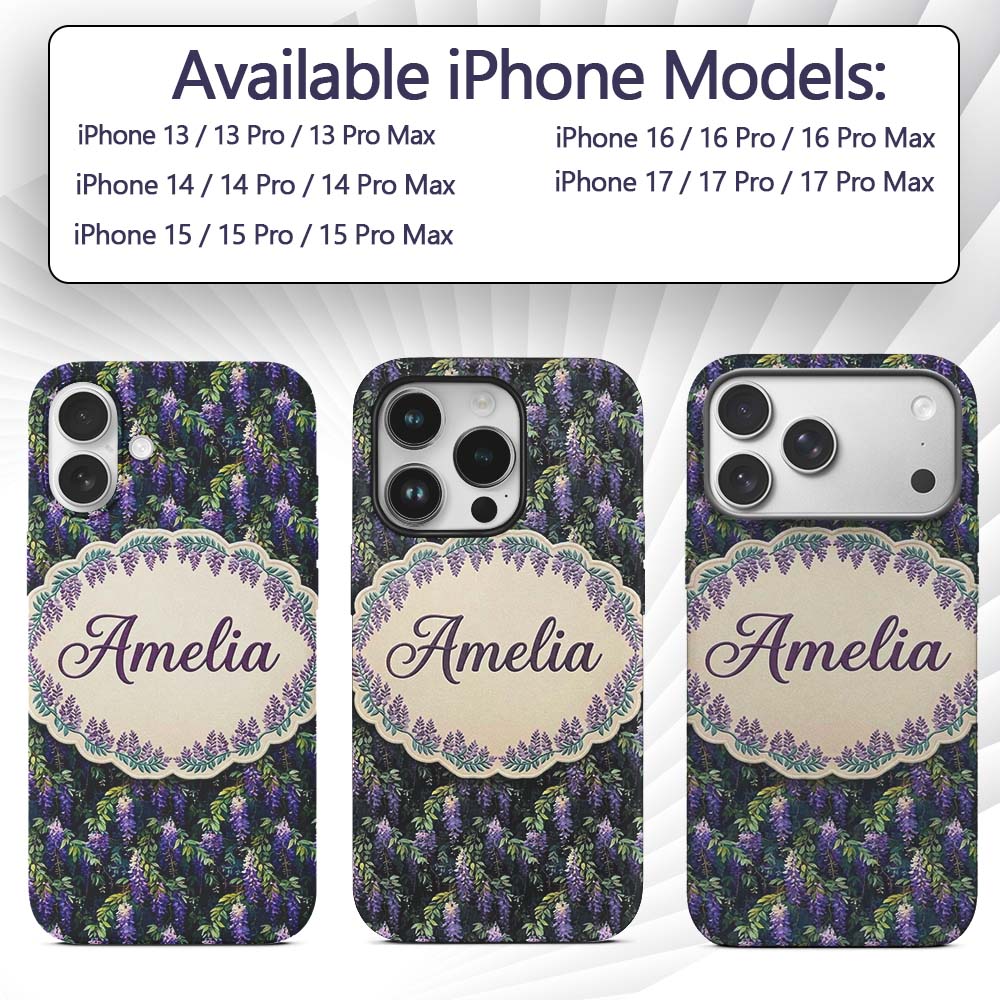 Dark Botanical Wisteria with Green Leaves Rich Custom Name Protective Phone Case Mobile Cover Durable Everyday Smartphone Shock Resistant