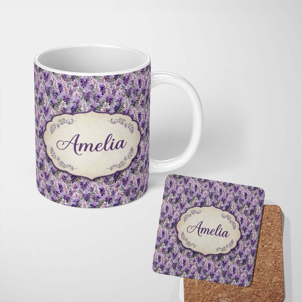 Personalized Custom Name Muted Purple Wisteria Floral Branches Soft Elegant Seamless Pattern 11oz Ceramic Coffee Tea Mug White Large Handle