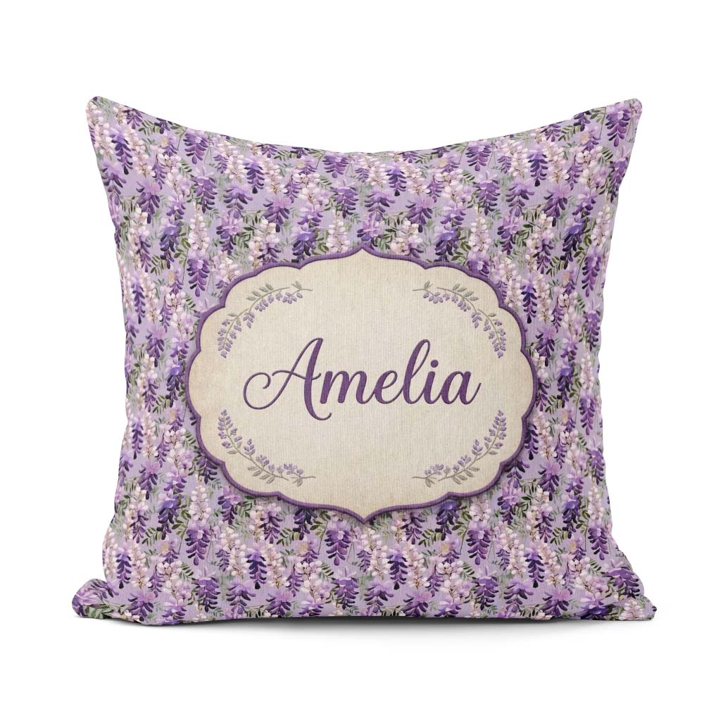 Custom Name Muted Purple Wisteria Branches Soft Elegant Seamless Square Filled Cushion Throw Pillow Sofa Bed Home Decor Zip Washable UK Made