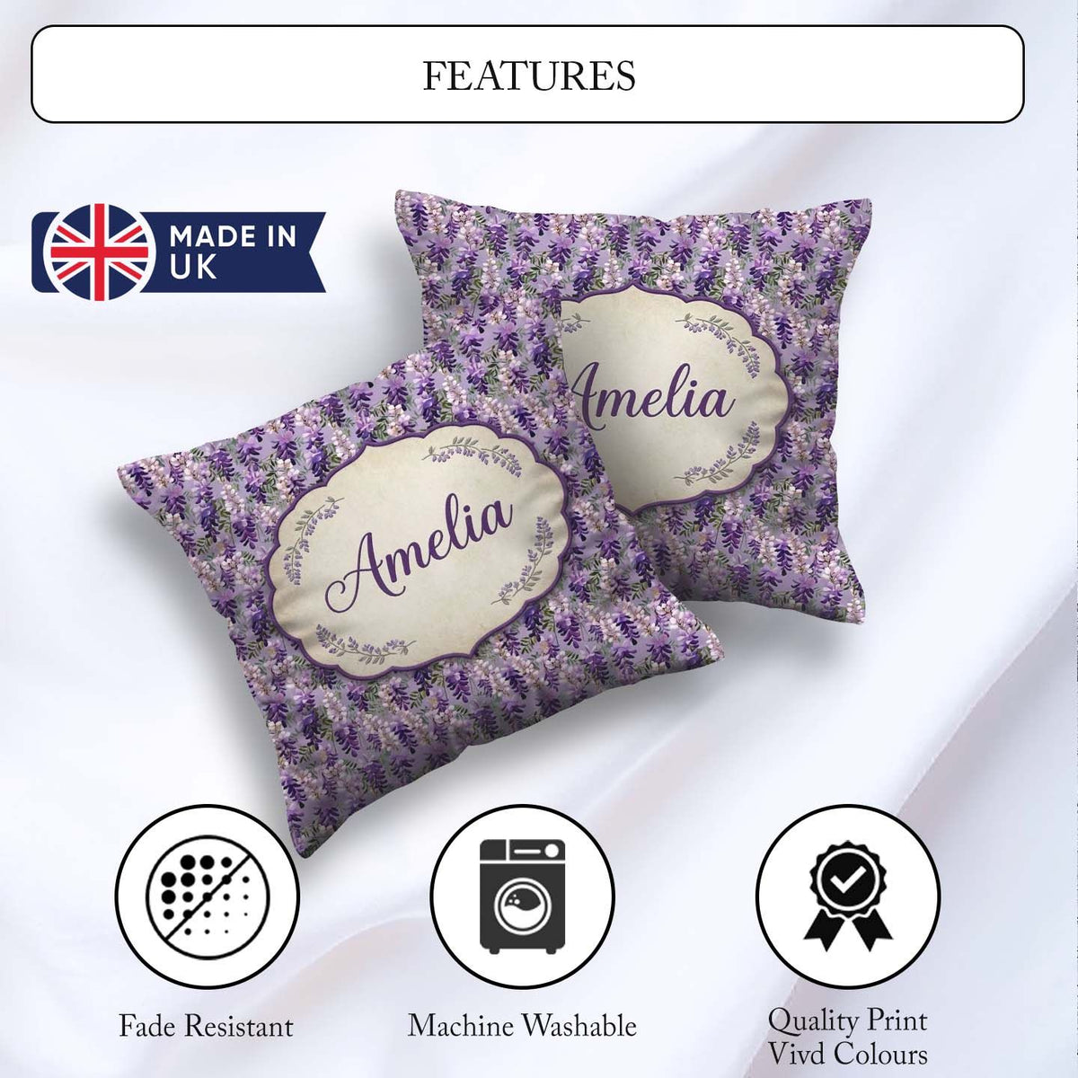 Custom Name Muted Purple Wisteria Branches Soft Elegant Seamless Square Filled Cushion Throw Pillow Sofa Bed Home Decor Zip Washable UK Made
