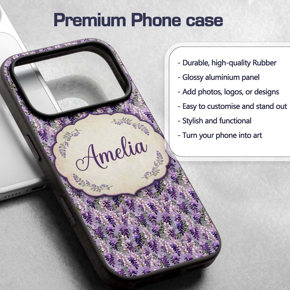 Muted Purple Wisteria Floral Decorative Design Custom Name Protective Phone Case Mobile Cover Durable Everyday Smartphone Shock Resistant
