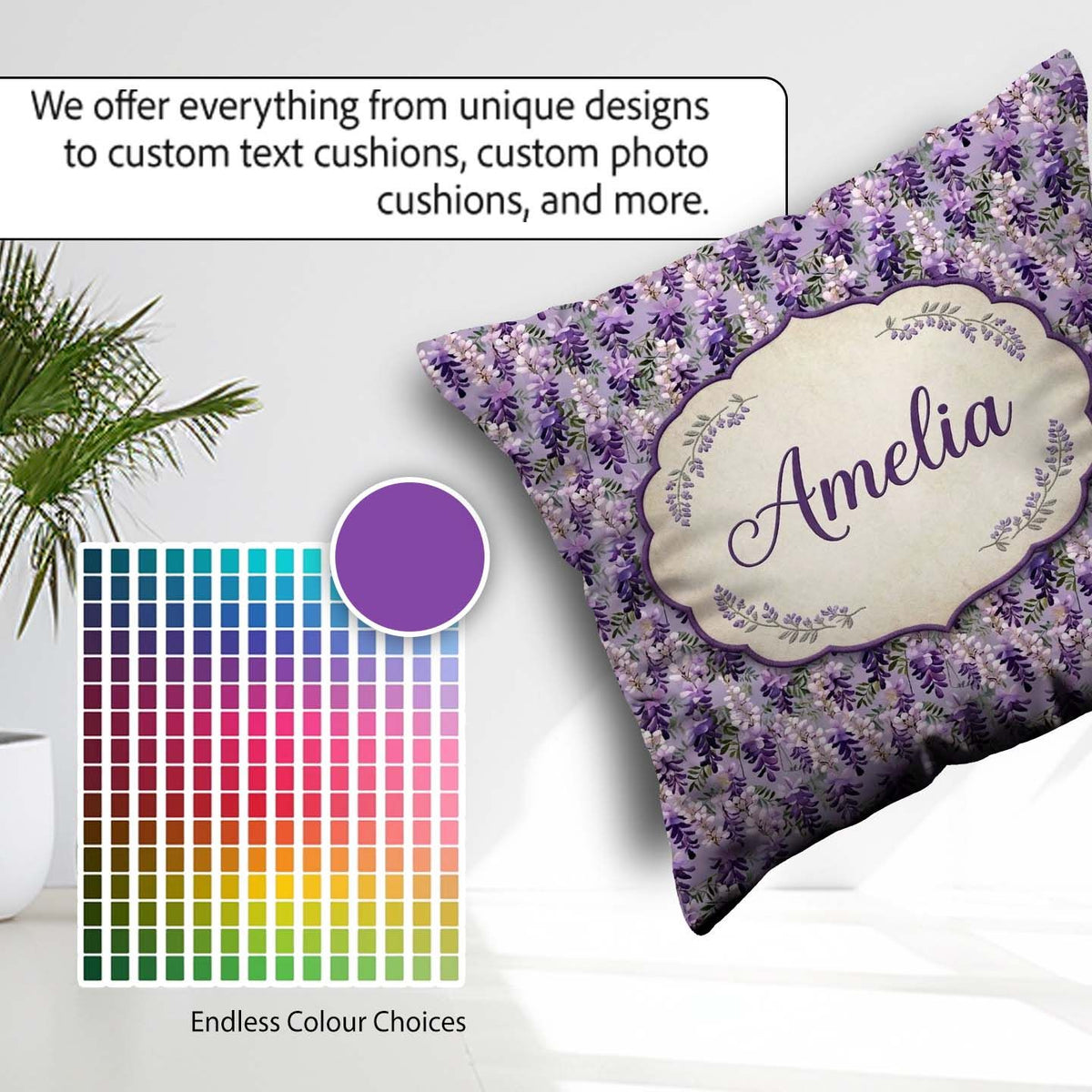 Custom Name Muted Purple Wisteria Branches Soft Elegant Seamless Square Filled Cushion Throw Pillow Sofa Bed Home Decor Zip Washable UK Made