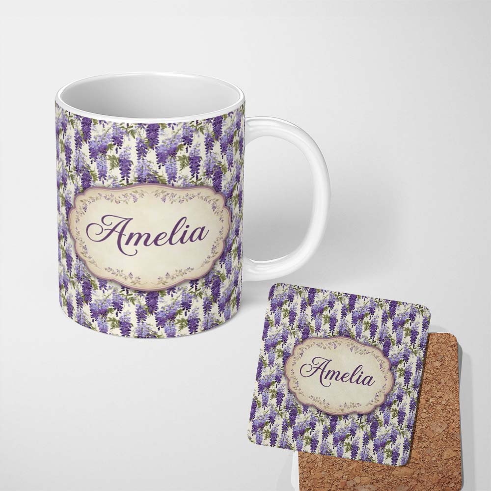 Personalized Custom Name Elegant Purple Wisteria Hanging Blossoms Floral Seamless Pattern 11oz Ceramic Coffee Tea Mug White Large Handle