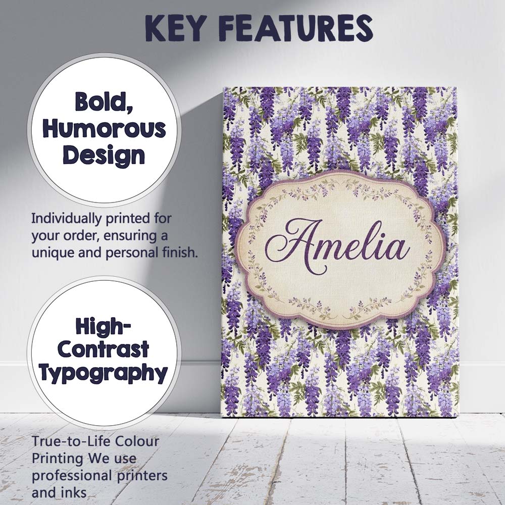 Personalised Name Elegant Purple Wisteria Custom Bespoke Decorative Contemporary Canvas Wall Art Print Decor Picture Ready to Hang