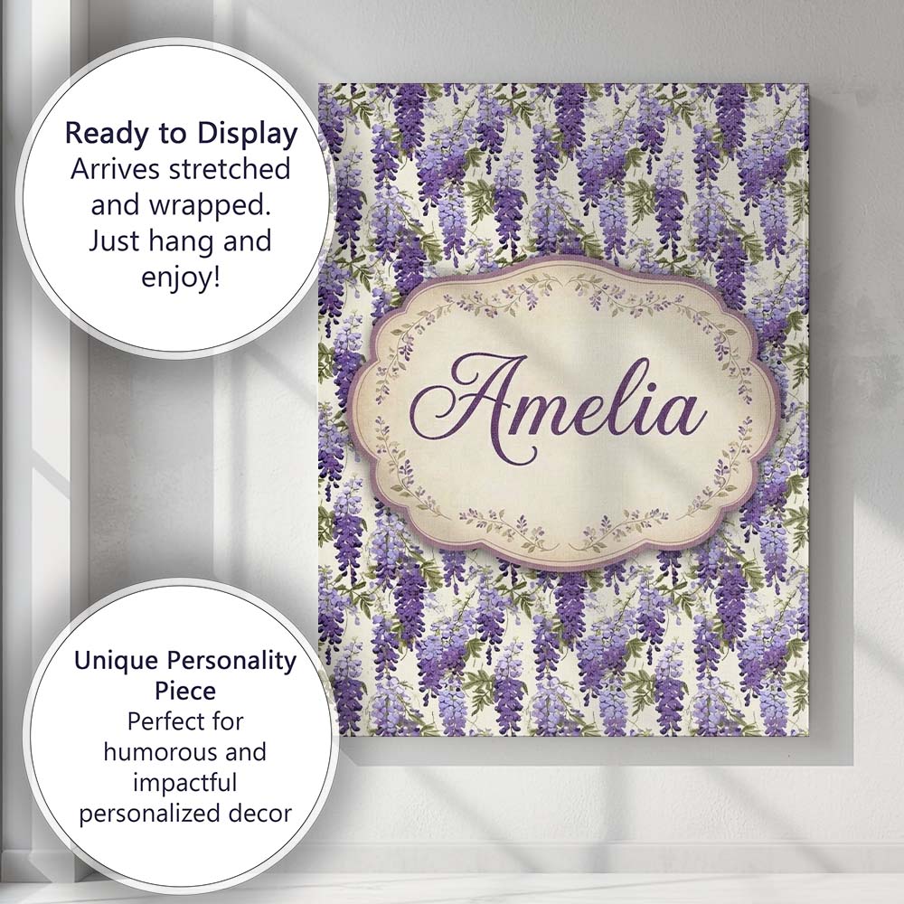 Personalised Name Elegant Purple Wisteria Custom Bespoke Decorative Contemporary Canvas Wall Art Print Decor Picture Ready to Hang