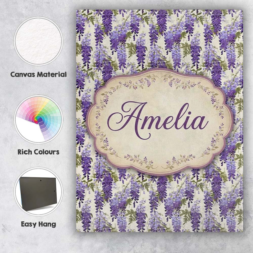 Personalised Name Elegant Purple Wisteria Custom Bespoke Decorative Contemporary Canvas Wall Art Print Decor Picture Ready to Hang