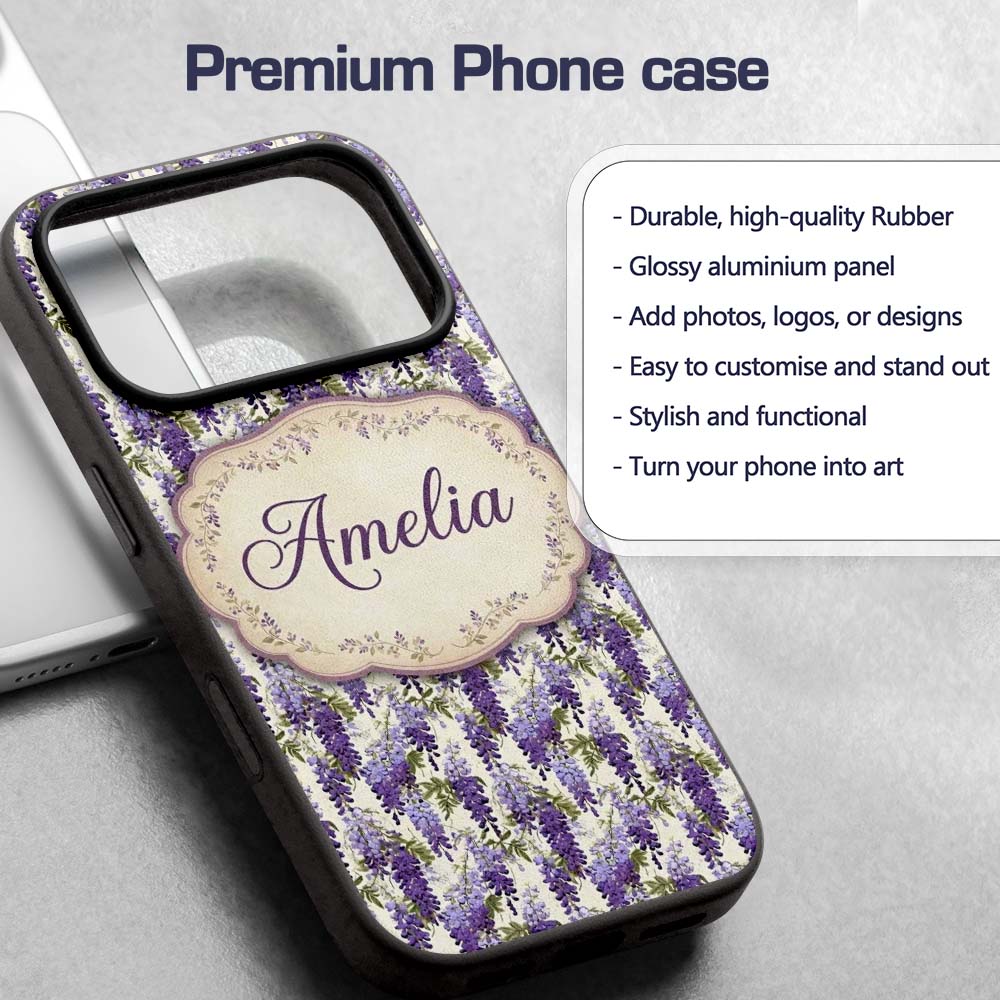 Elegant Purple Wisteria Hanging Blossoms Floral Custom Name Protective Phone Case Mobile Cover Durable Everyday Smartphone Shock Resistant