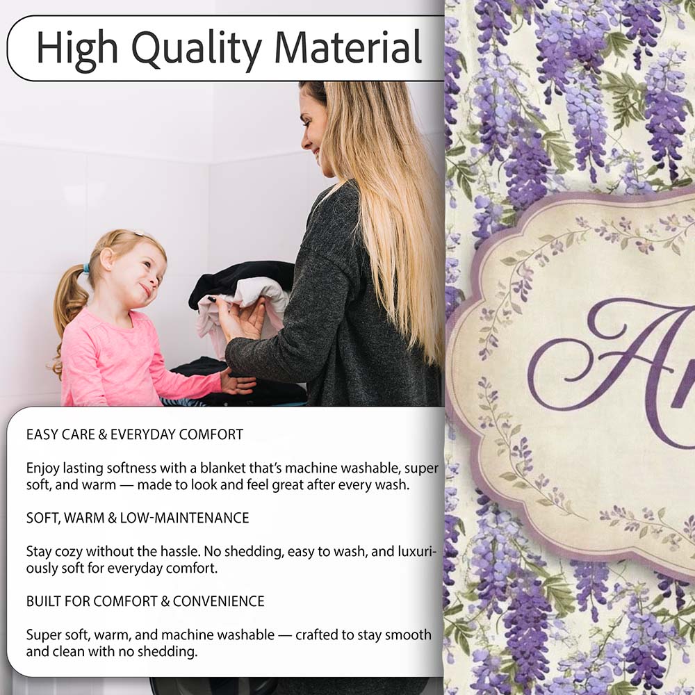 Elegant Purple Wisteria Hanging Blossoms Floral Seamless Pattern Personalised Custom Name Super Soft Fleece Blanket Bed Sofa Throw
