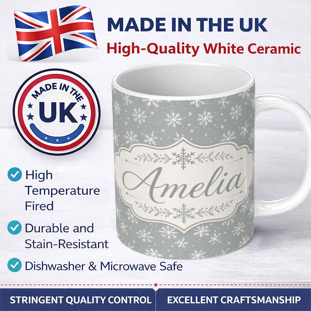 Personalized Custom Name Grey Background White Snowflakes Winter Seamless Pattern Name Cute 11oz Ceramic Coffee Tea Mug White Large Handle