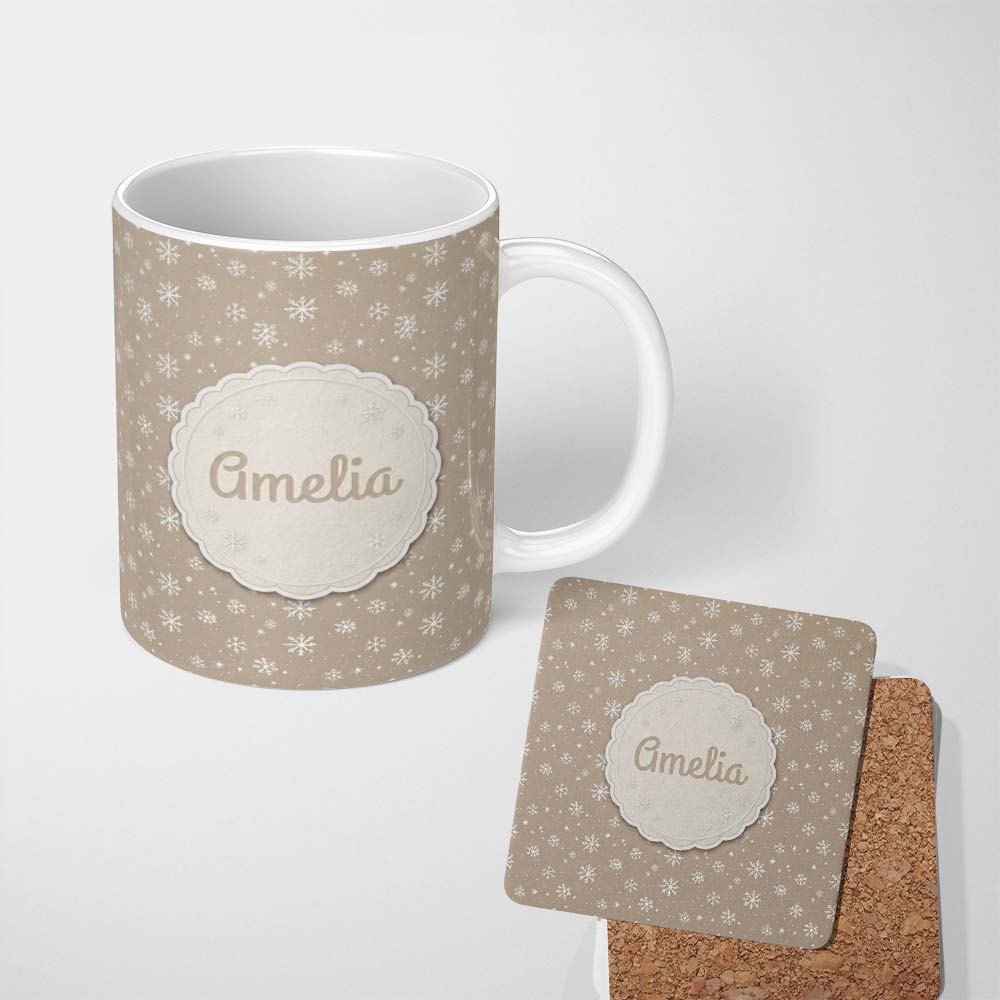 Personalized Custom Name Warm Taupe Background Snowflake Winter Seamless Pattern Name Cute 11oz Ceramic Coffee Tea Mug White Large Handle