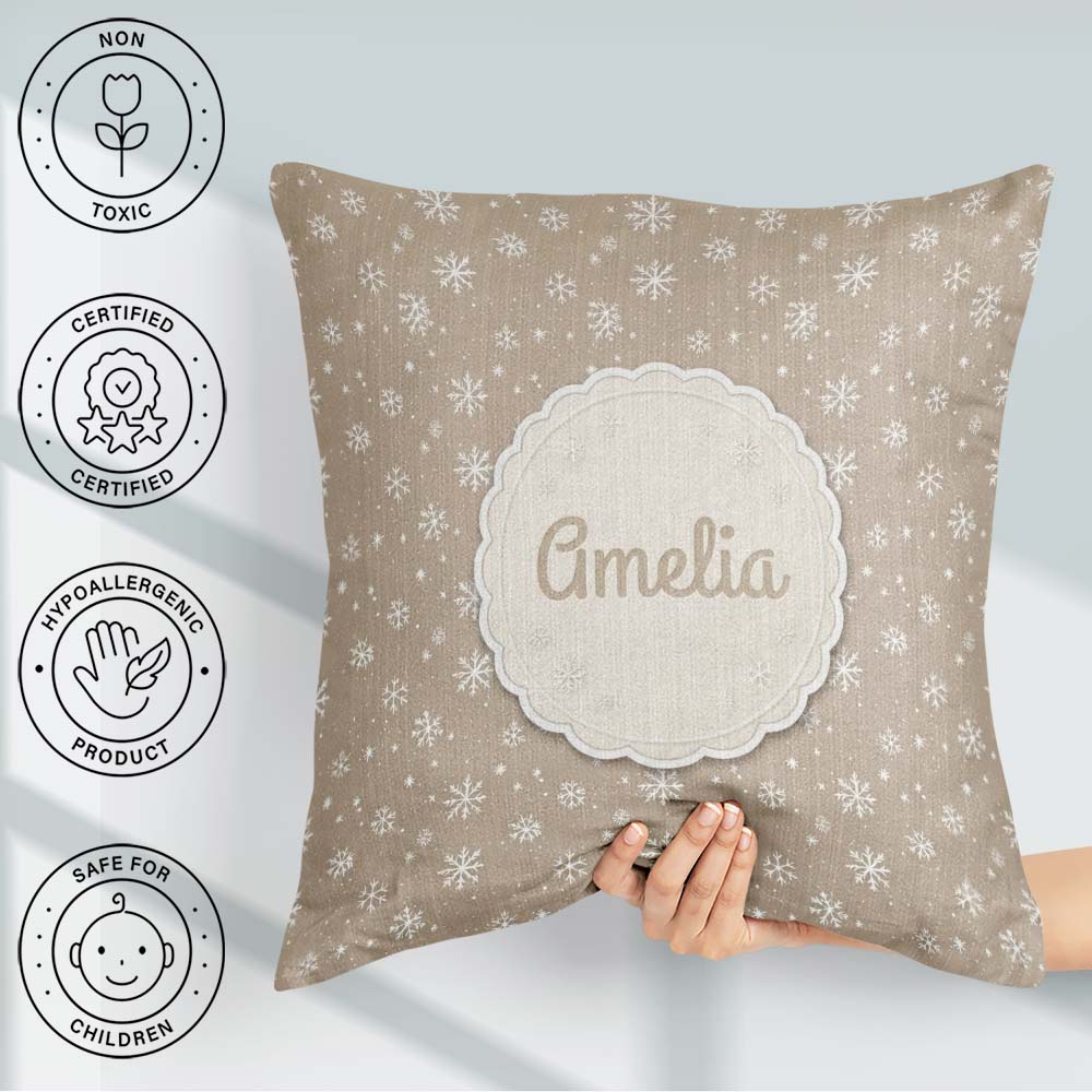 Custom Name Warm Taupe Background Snowflake Winter Seamless Name Square Filled Cushion Throw Pillow Sofa Bed Home Decor Zip Washable UK Made