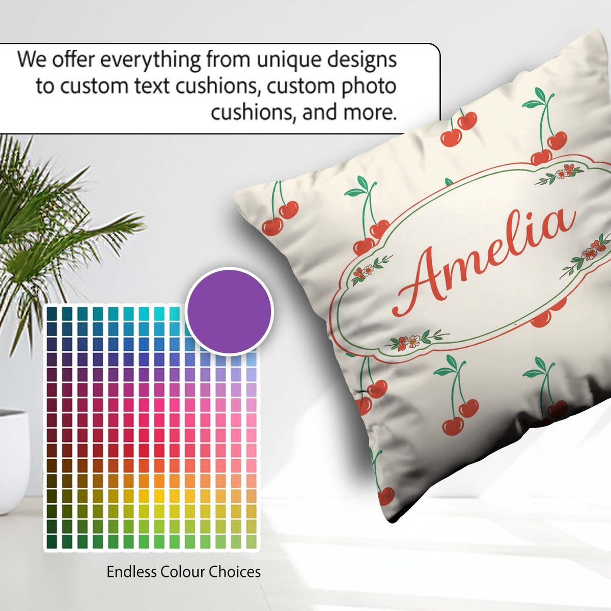 Custom Name Cute Cherry Fruit Minimal Seamless Pattern Everyday Square Filled Cushion Throw Pillow Sofa Bed Home Decor Zip Washable UK Made