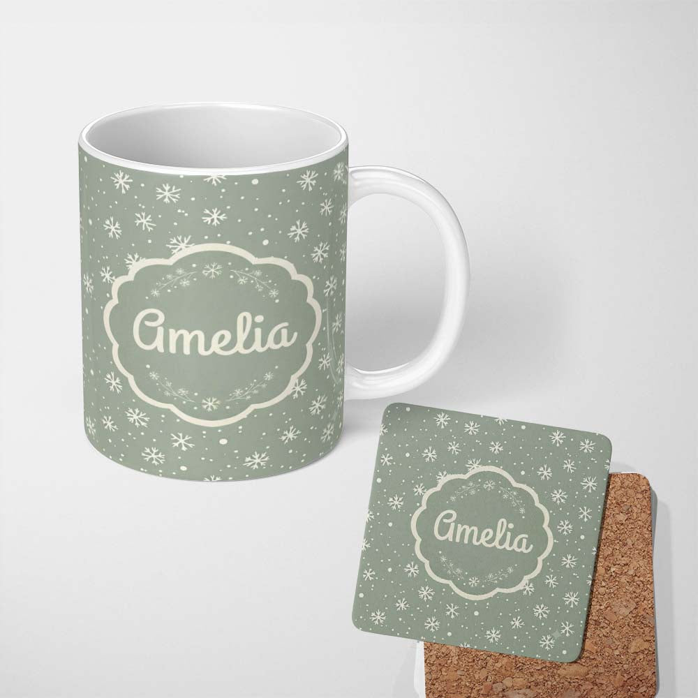 Personalized Custom Name Sage Green Background Snowflake Winter Seamless Pattern Name Cute 11oz Ceramic Coffee Tea Mug White Large Handle