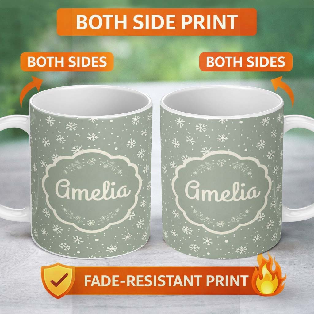 Personalized Custom Name Sage Green Background Snowflake Winter Seamless Pattern Name Cute 11oz Ceramic Coffee Tea Mug White Large Handle