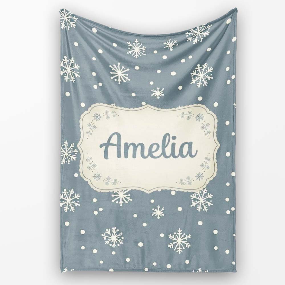Blue Grey Background Snowflake Dots Winter Seamless Pattern Name Personalised Custom Name Super Soft Fleece Blanket Bed Sofa Throw