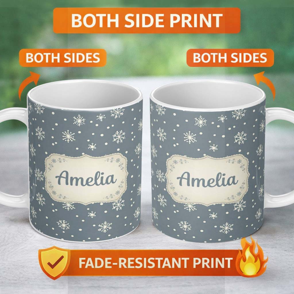 Personalized Custom Name Blue Grey Background Snowflake Dots Winter Seamless Pattern Name 11oz Ceramic Coffee Tea Mug White Large Handle