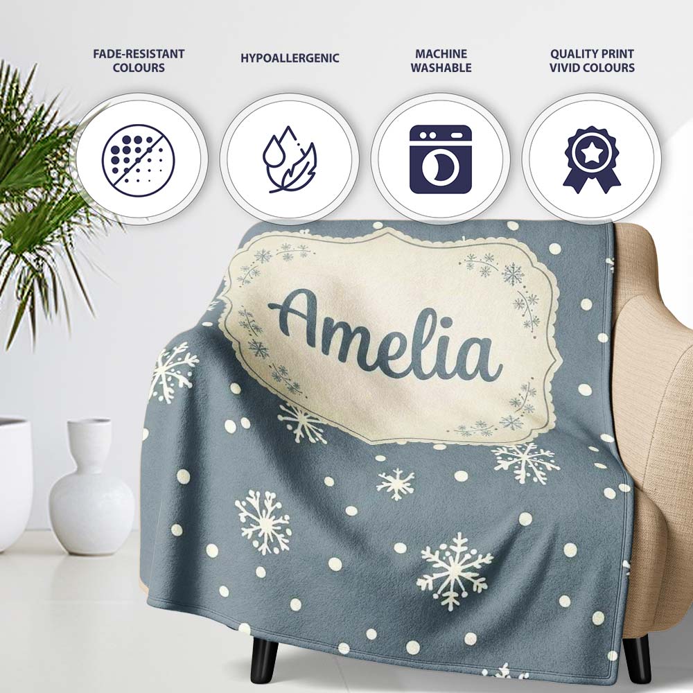 Blue Grey Background Snowflake Dots Winter Seamless Pattern Name Personalised Custom Name Super Soft Fleece Blanket Bed Sofa Throw