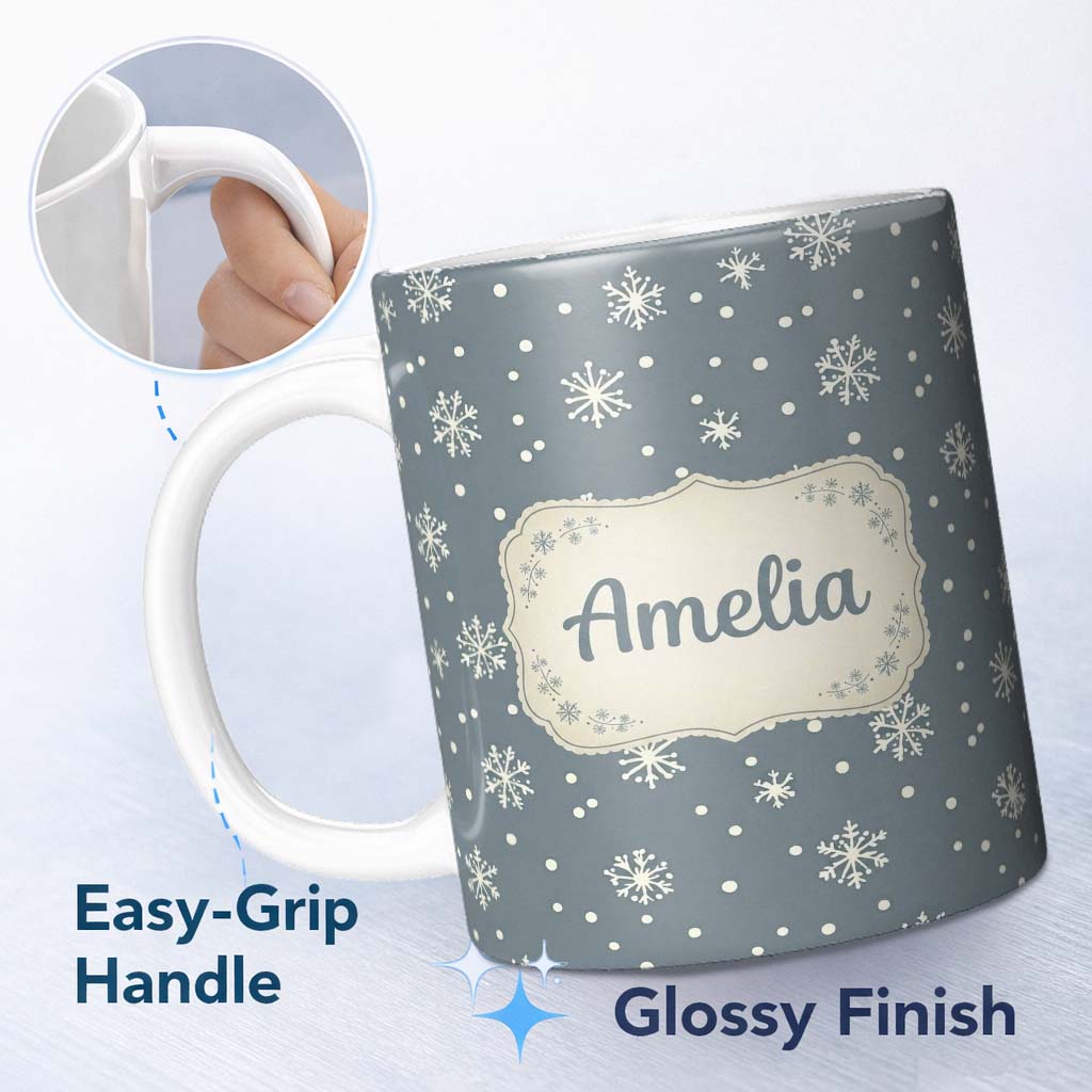 Personalized Custom Name Blue Grey Background Snowflake Dots Winter Seamless Pattern Name 11oz Ceramic Coffee Tea Mug White Large Handle