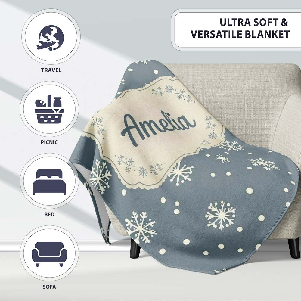Blue Grey Background Snowflake Dots Winter Seamless Pattern Name Personalised Custom Name Super Soft Fleece Blanket Bed Sofa Throw