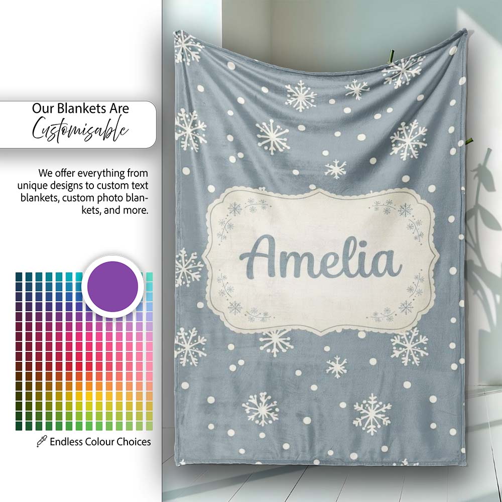 Blue Grey Background Snowflake Dots Winter Seamless Pattern Name Personalised Custom Name Super Soft Fleece Blanket Bed Sofa Throw