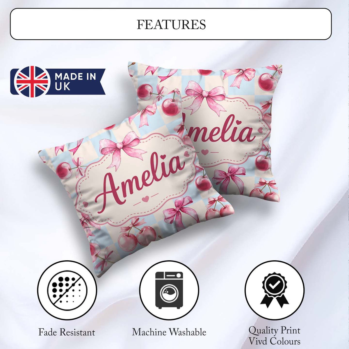Custom Name Watercolor Cherry Ribbon Blue Beige Gingham Seamless Square Filled Cushion Throw Pillow Sofa Bed Home Decor Zip Washable UK Made