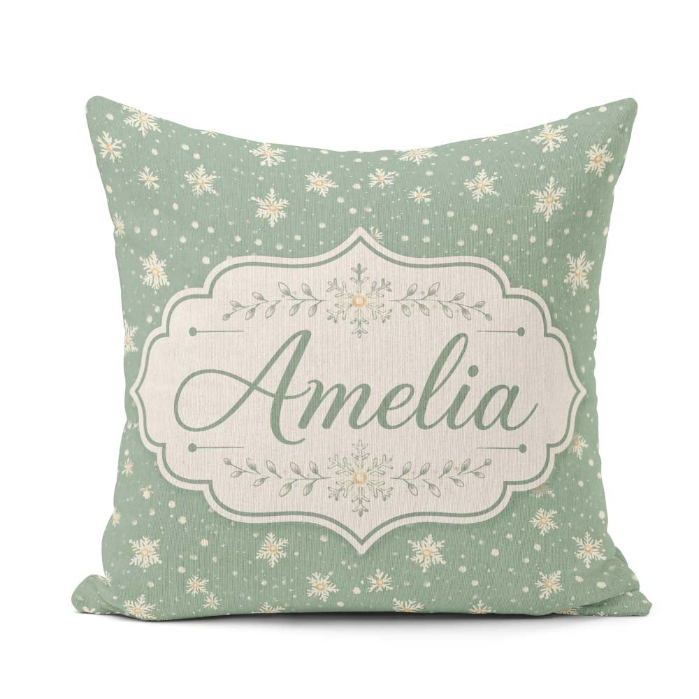 Custom Name Muted Green Snowflake Floral Winter Seamless Pattern Square Filled Cushion Throw Pillow Sofa Bed Home Decor Zip Washable UK Made