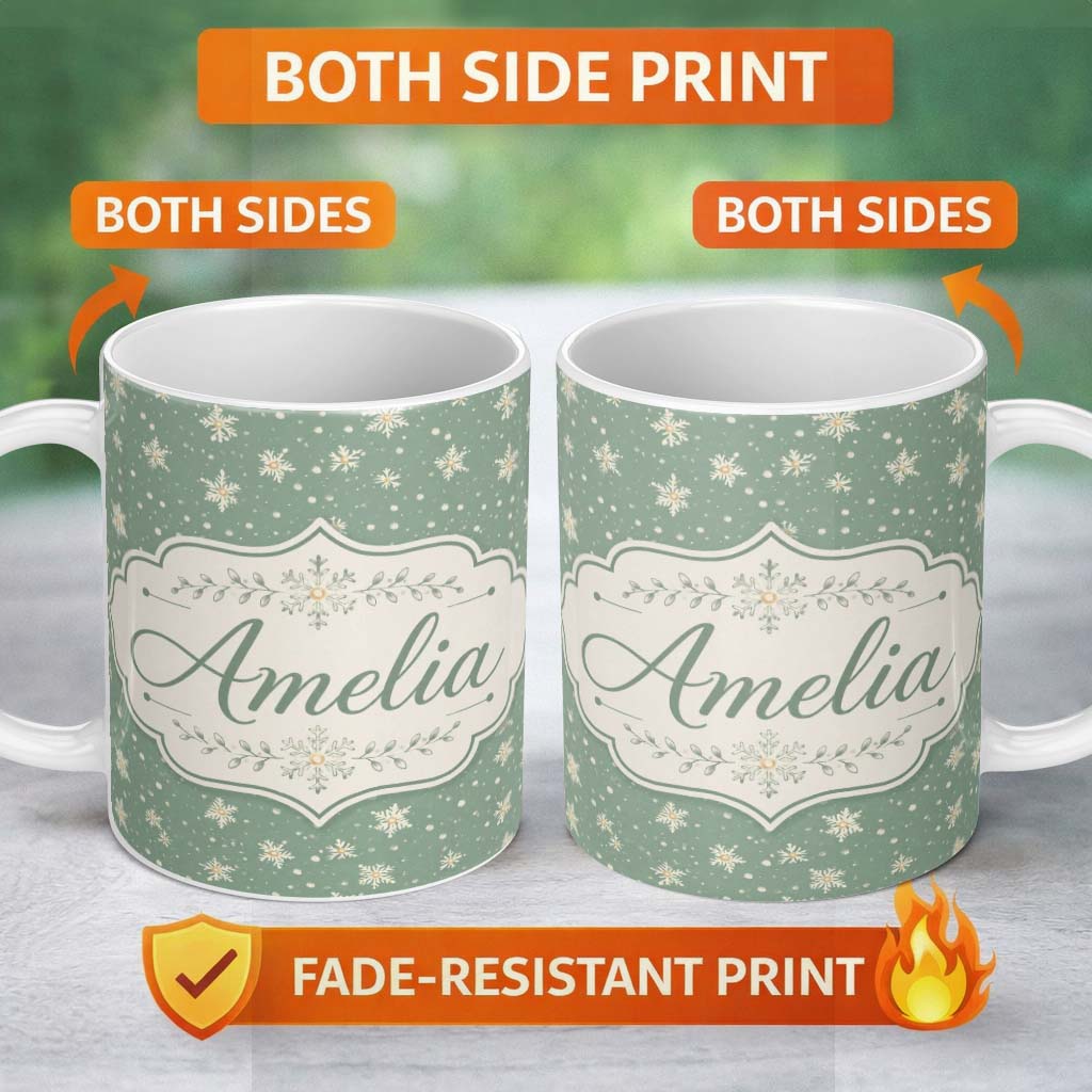 Personalized Custom Name Muted Green Background Snowflake Floral Winter Seamless Pattern 11oz Ceramic Coffee Tea Mug White Large Handle