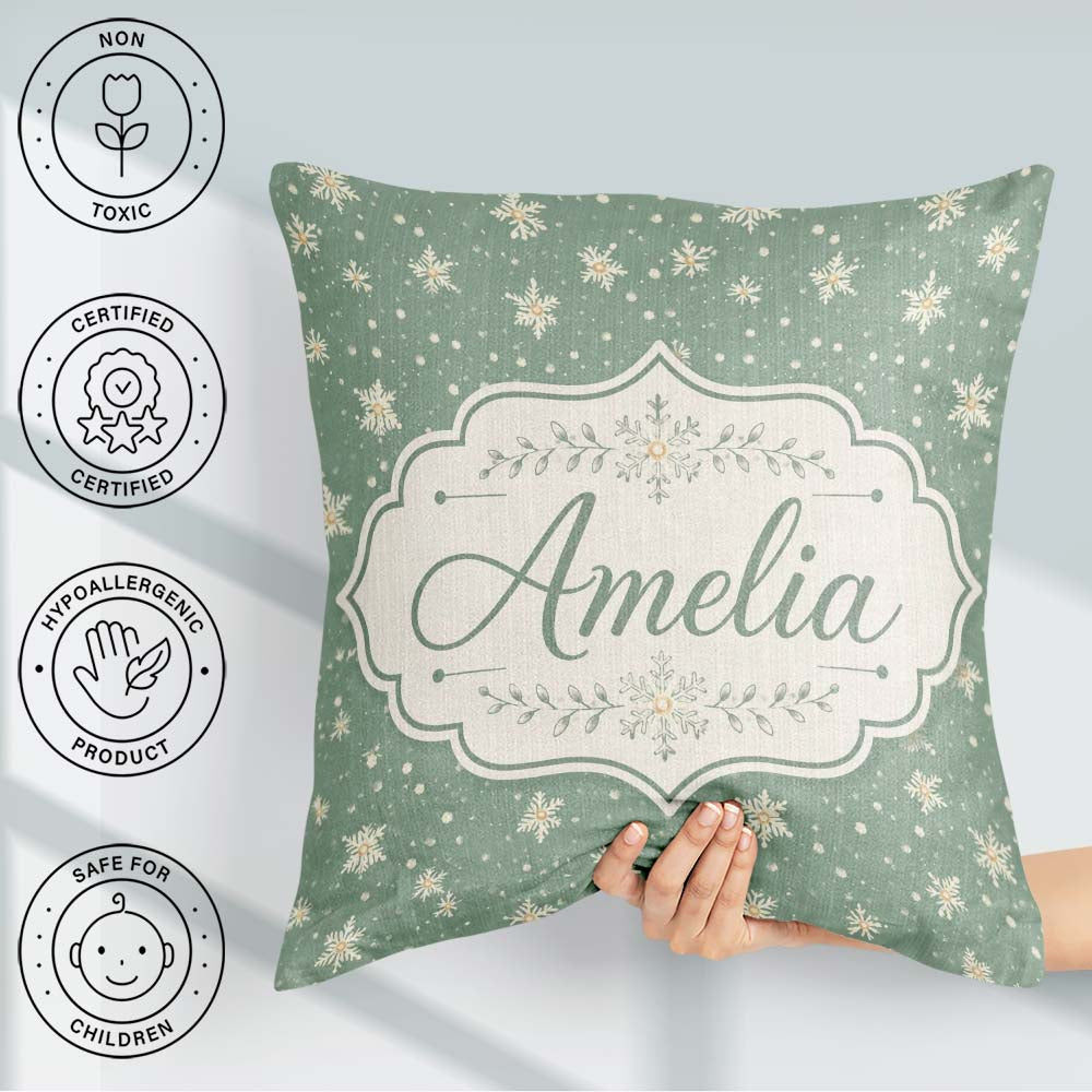 Custom Name Muted Green Snowflake Floral Winter Seamless Pattern Square Filled Cushion Throw Pillow Sofa Bed Home Decor Zip Washable UK Made