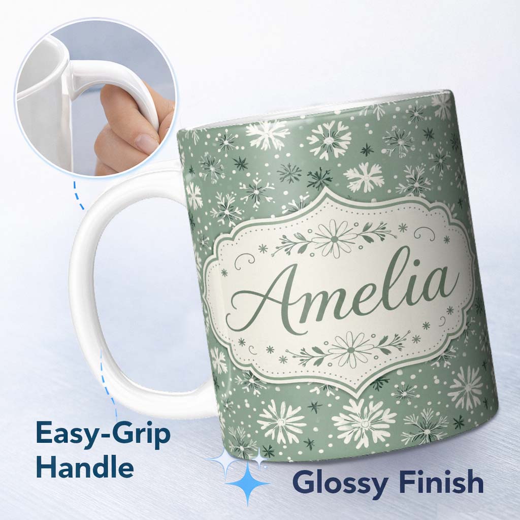 Personalized Custom Name Soft Green Background Artistic Snowflake Winter Seamless Pattern 11oz Ceramic Coffee Tea Mug White Large Handle