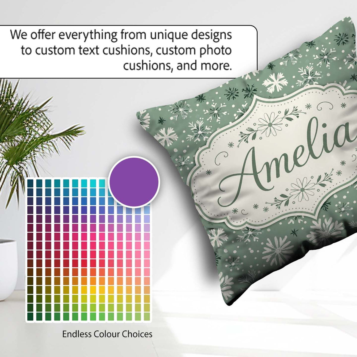 Custom Name Green Background Artistic Snowflake Seamless Pattern Square Filled Cushion Throw Pillow Sofa Bed Home Decor Zip Washable UK Made