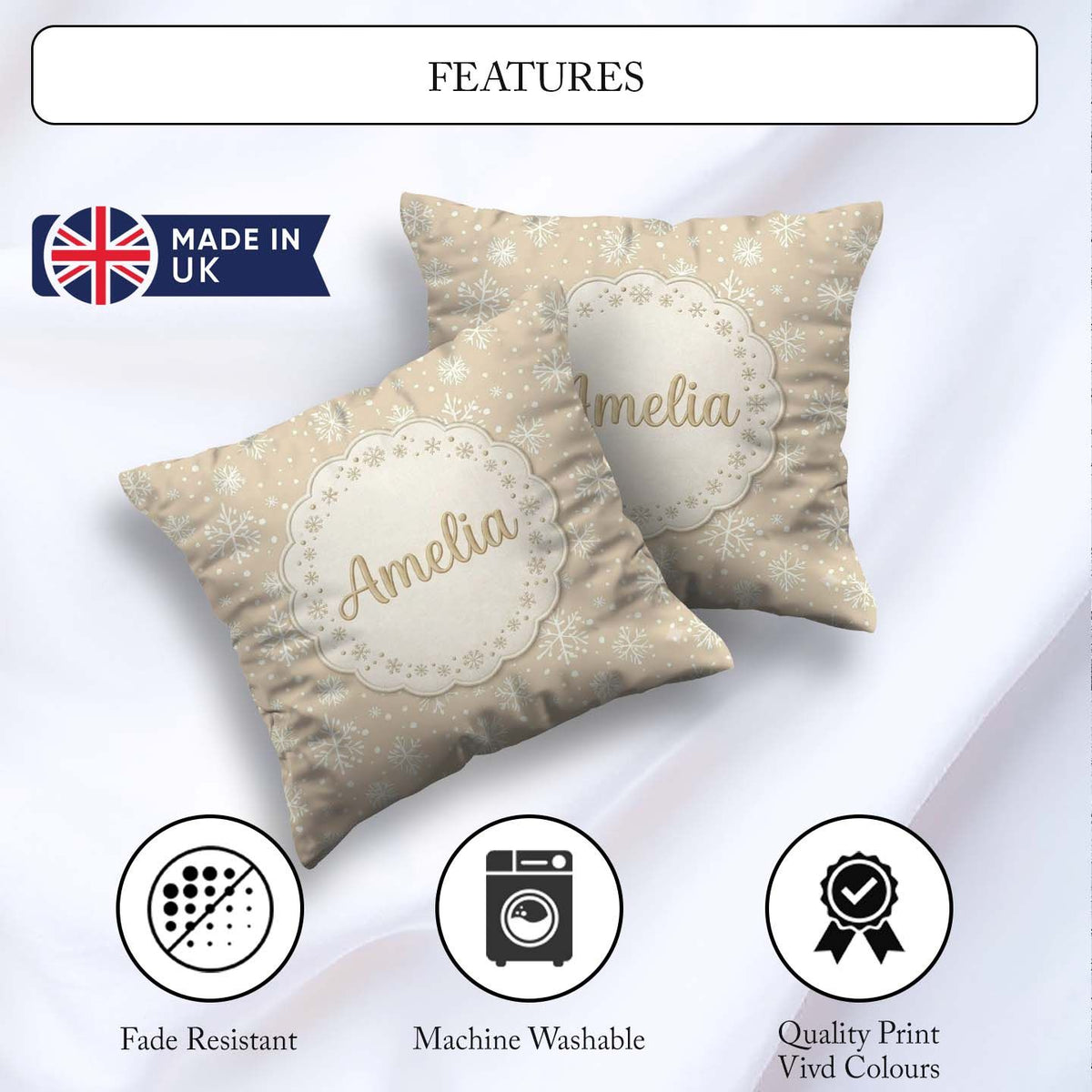 Custom Name Background Snowflakes Winter Seamless Pattern Custom Square Filled Cushion Throw Pillow Sofa Bed Home Decor Zip Washable UK Made