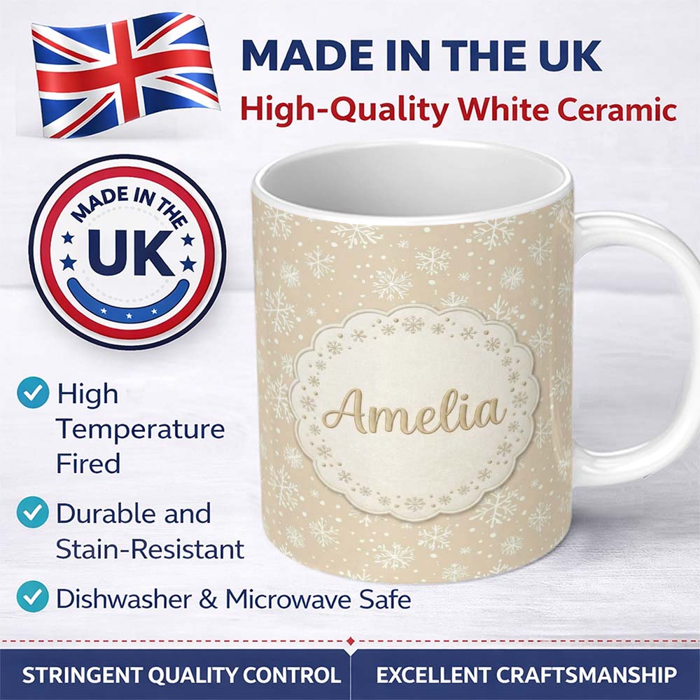 Personalized Custom Name Beige Background White Snowflakes Winter Seamless Pattern Custom 11oz Ceramic Coffee Tea Mug White Large Handle
