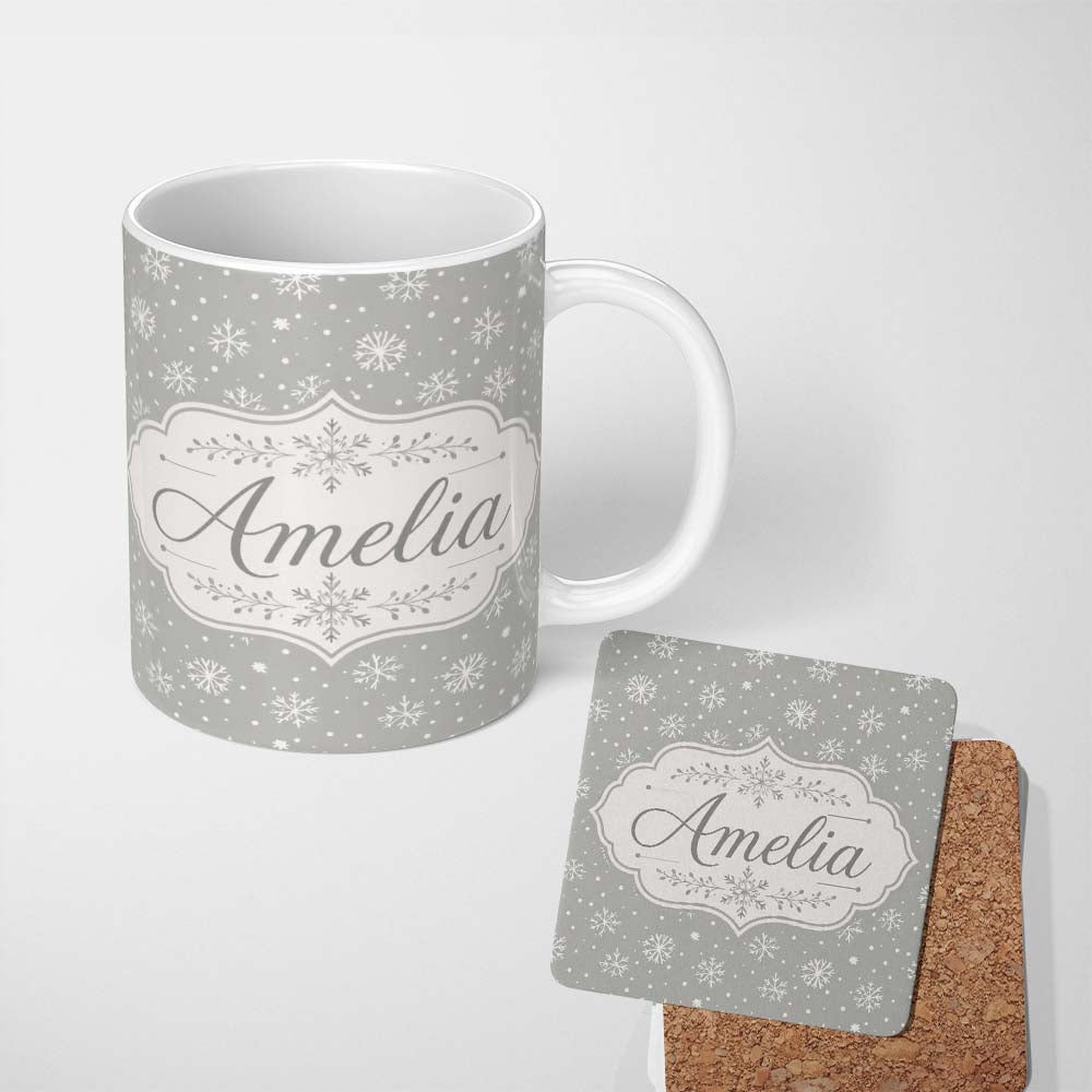 Personalized Custom Name Soft Grey Background Snowflake Dots Winter Seamless Pattern Name 11oz Ceramic Coffee Tea Mug White Large Handle