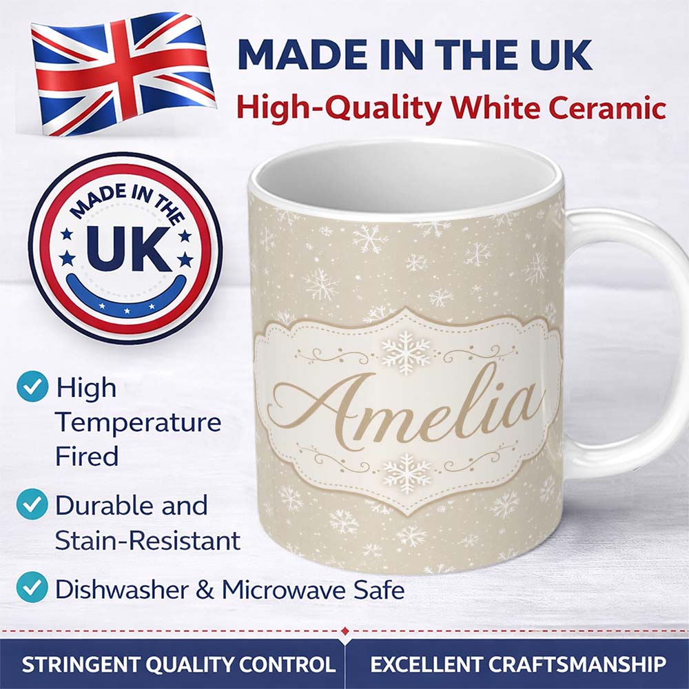 Personalized Custom Name Warm Beige Background Snowflake Scatter Winter Seamless Pattern 11oz Ceramic Coffee Tea Mug White Large Handle