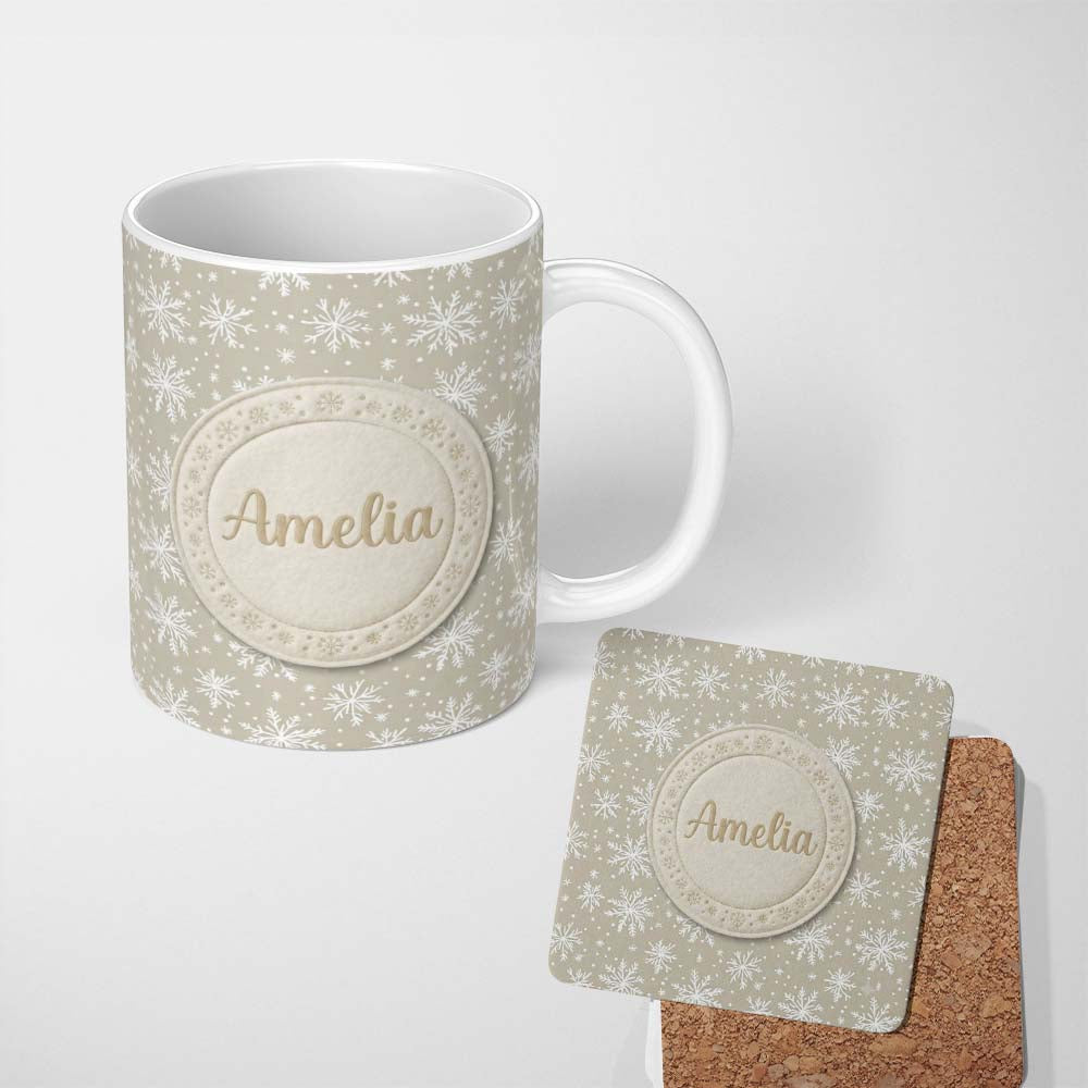 Personalized Custom Name Neutral Beige Background Snowflake Dots Winter Seamless Pattern 11oz Ceramic Coffee Tea Mug White Large Handle