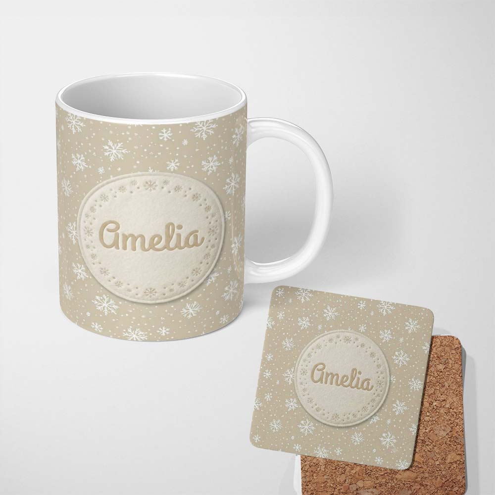 Personalized Custom Name Classic Beige Background Large Snowflake Winter Seamless Pattern 11oz Ceramic Coffee Tea Mug White Large Handle